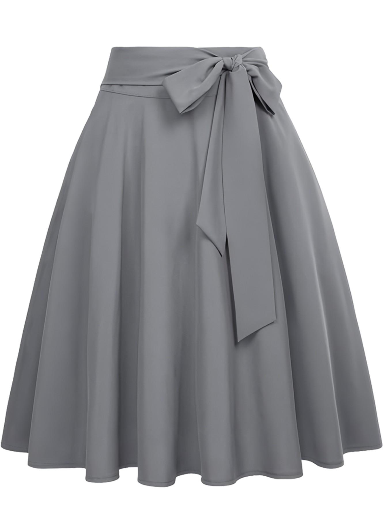 New Spring Summer Women's Solid Color Midi Skirt High Waist Zipper Design Umbrella Hem Bow Belt Elegant Fashion Commuter Versatile