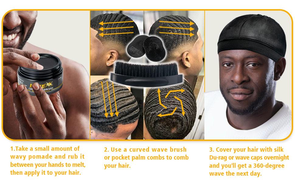 Men's 360 Wave Kit - Strong Hold Pomade, Curved Brush, Du-rag Cap Set for Silky Haircare, Anti-Frizz, Fathersgift