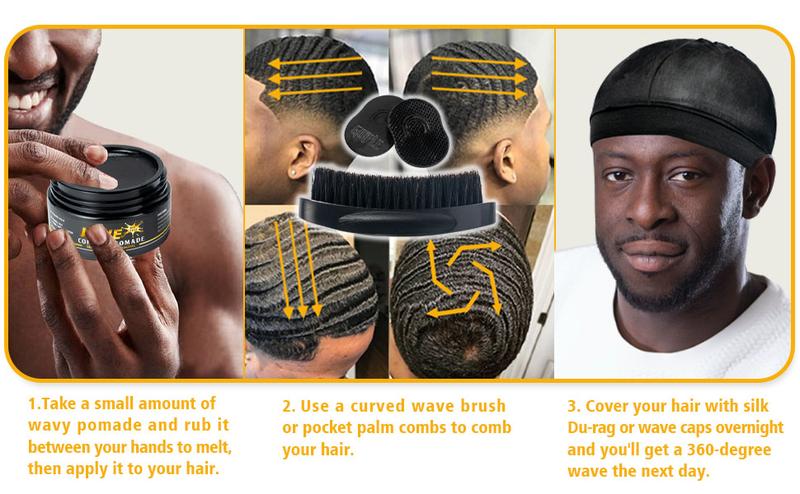 Men's 360 Wave Kit - Strong Hold Pomade, Curved Brush, Du-rag Cap Set for Silky Haircare, Anti-Frizz, Fathersgift