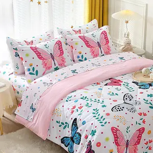 Girls Butterfly Comforter Set Full Size 7 Piece Bed in A Bag Colorful Flowers Leaves Bedding Set for Kids Teens Soft All Season