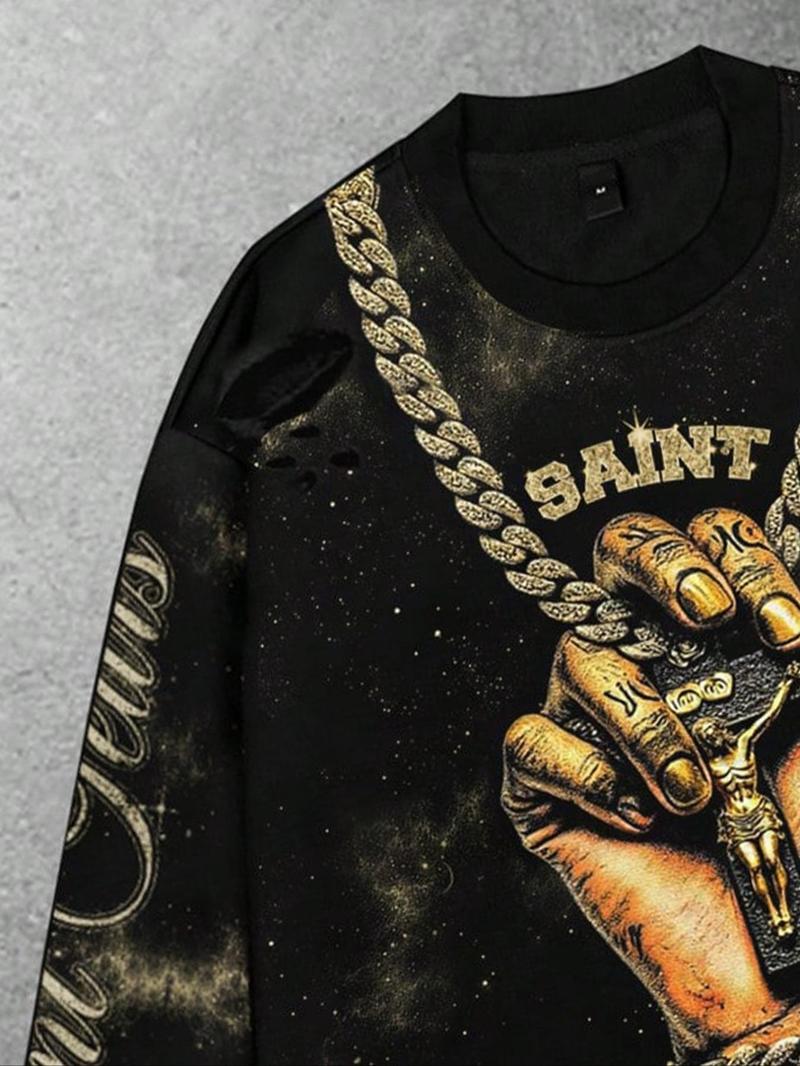 Men's Vintage Street Style Saint Print Long Sleeve Round Neck T-Shirt, Loose-Fitting Short Fit, Fall 2000s Fashion