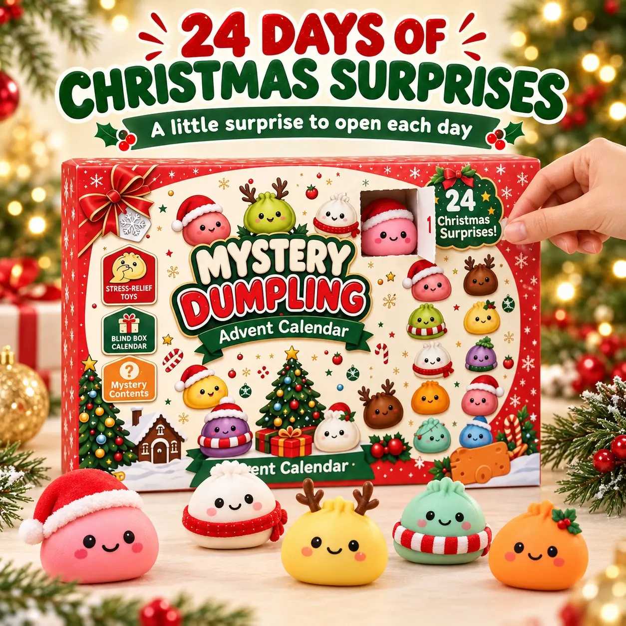 24-Day Christmas Advent Calendar, Cute Dumpling Squishy Toys, Mystery Surprise Countdown Gift Box, Soft Squeeze Fidget Toys, Holiday Gifts for Teens and Adults, Squishies Stress Relief