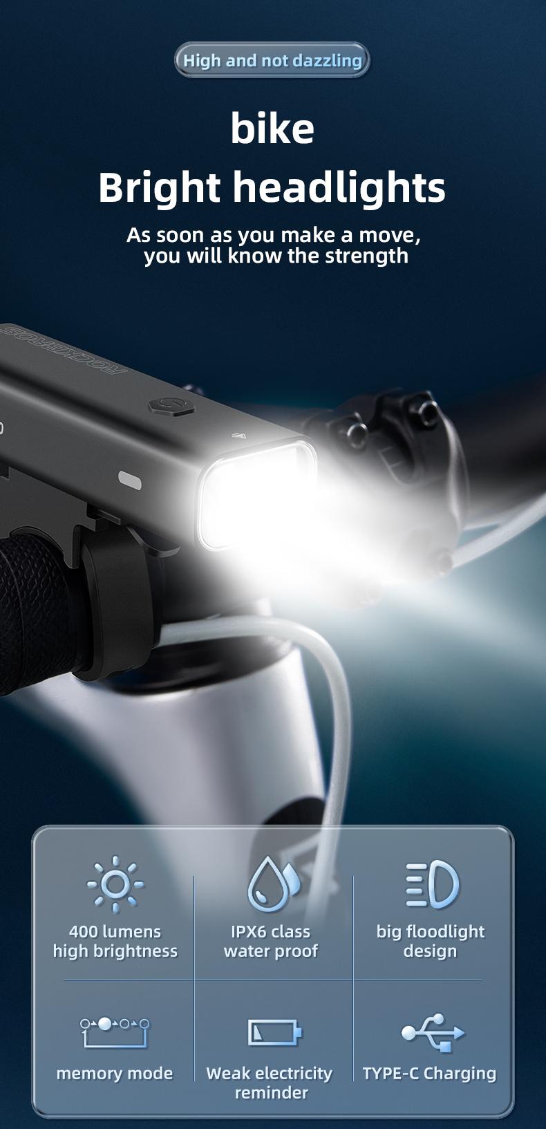 ROCKBROS Bike Lights USB Rechargeable IPX6 Waterproof Bike Headlight Easy Installation Bright Bike Front Light for Night Riding