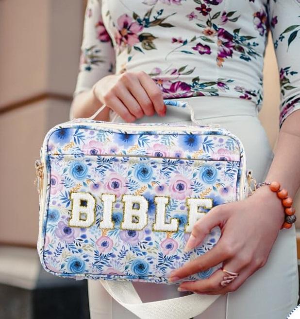 Bible Bag for Women, Floral Bible Bag 12x9x2.5in Large Chenille Letter Bible Cover PU Leather Bible Case with Tabs Colored Pen Highlighters Tote Bag with Shoulder Strap, Bible Journaling Kit Easter Gift for Church Women Girls,Sunday Prayer Supplies