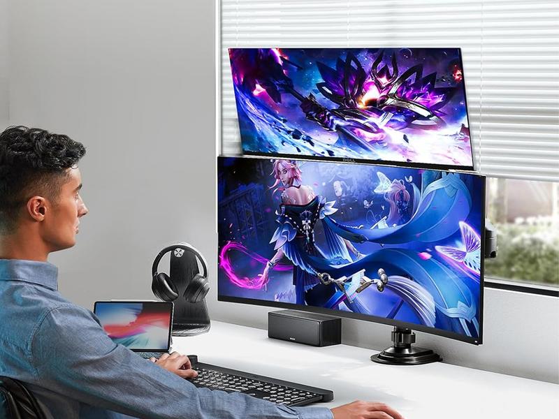 HUANUO Stackable Single/ Dual Monitor Arm - Adjustable Gas Spring Monitor Mount for Gaming and Home Office Setups, Monitor Stand Hold up to 34" with 19.8 lbs Max Weight and C-Clamp or Grommet Hole Mounting