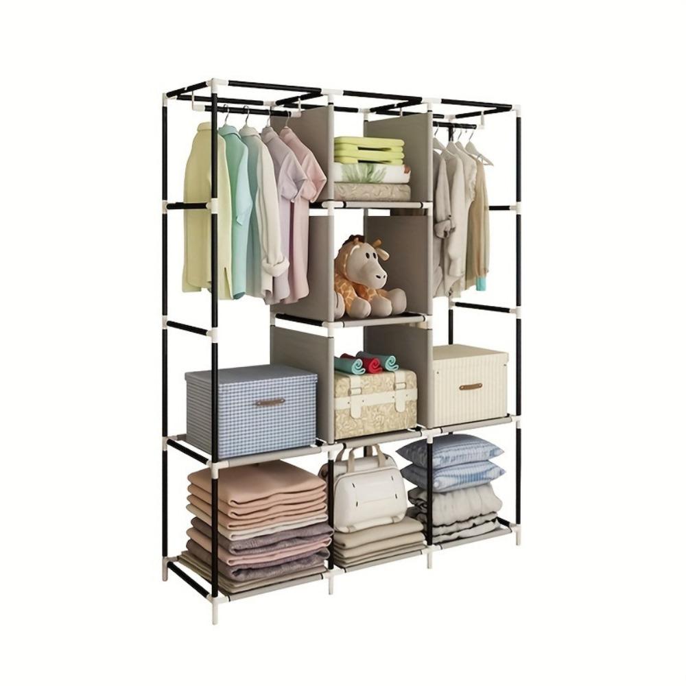 64-in Portable Non-Woven Fabric Wardrobe, Multi-Functional Portable Closet with Cover, Gray Indoor Furniture Storage Armoire for Apartments, Wardrobe Storage Rack Solution