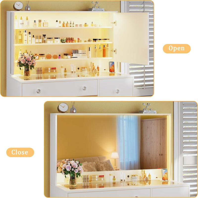 [ChristmasGifts] Vanity Desk with Mirror and Lights, Makeup Vanity with Glass Top & Power Outlet, White Vanity with 4 Drawers & 3 Long Hidden Storage Shelves, 3 LED Lighting Modes Adjustable for Bedroom