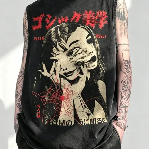 Unisex Washed Vintage Japanese Horror Manga Spider Web Sleeveless Tank Top | Dark Aesthetic Gothic Y2K Subculture High Street Streetwear