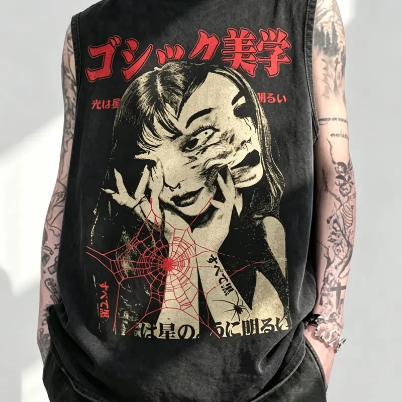Unisex Washed Vintage Japanese Horror Manga Spider Web Sleeveless Tank Top | Dark Aesthetic Gothic Y2K Subculture High Street Streetwear