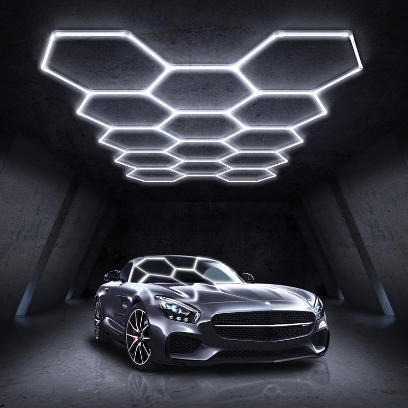 HYPERLITE offers Hexagon Garage Lights, a hexagon led lights Ceiling system designed for Grid Systems. These lights emit a Cool White light, ideal for Car Detailing Garages, Basements, Barbershops，Adjustable Lighting Options，Jumpstart newyear