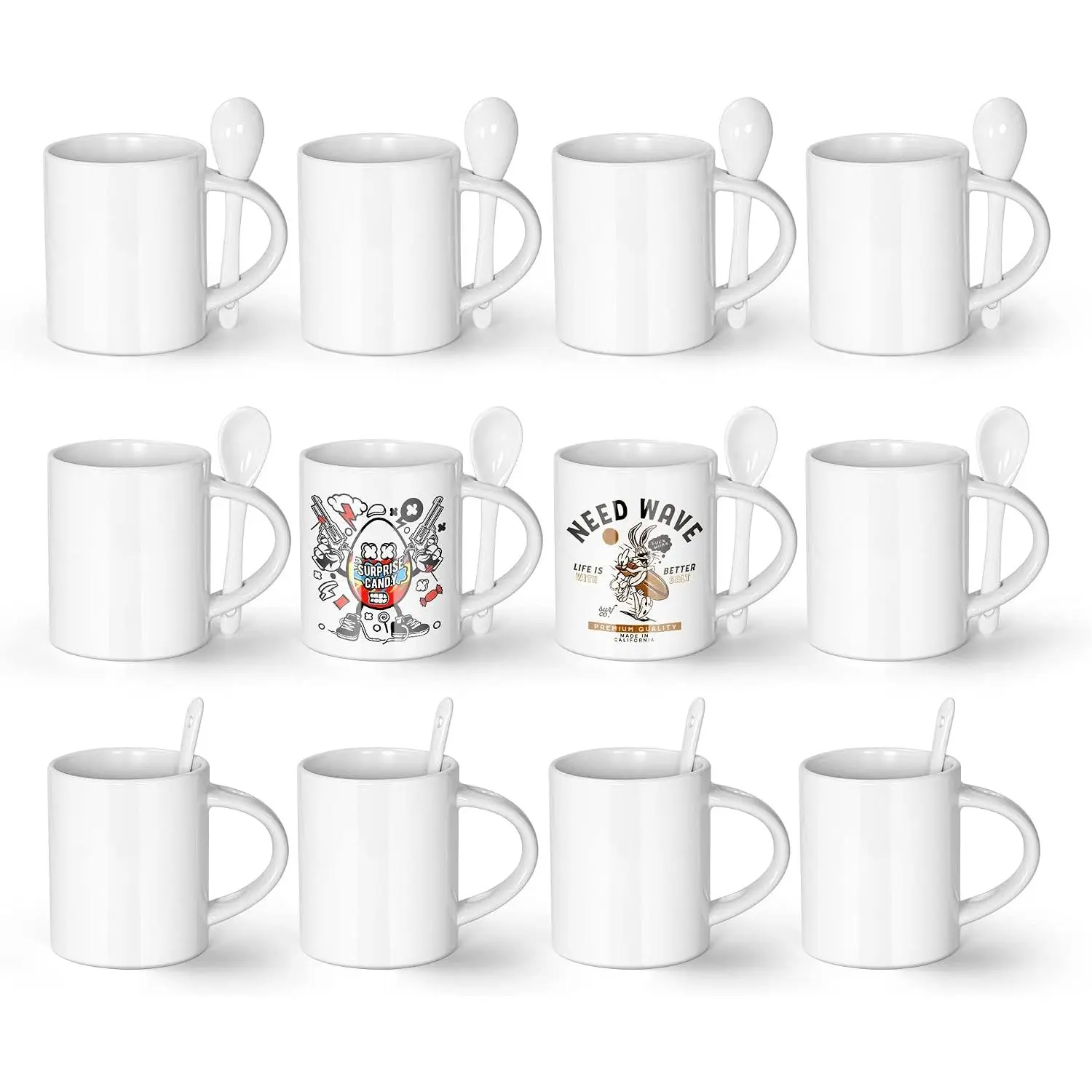 Sublimation Coffee Mugs Blank 11 oz, White Straight Ceramic Cups with White Interior, Handle, Spoon, Bulk Bundle Set of 12