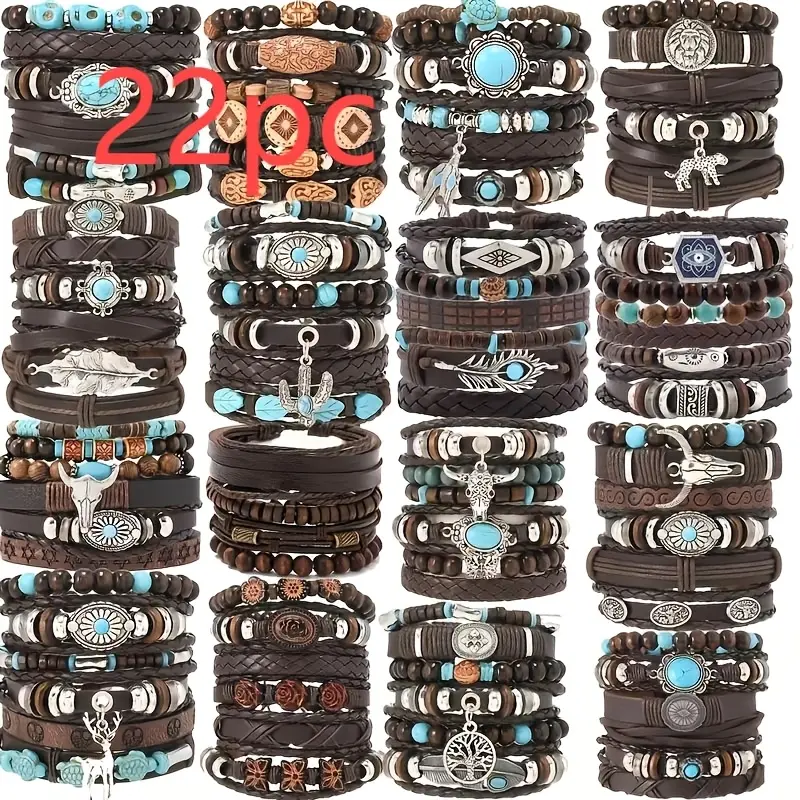 22Pcs Black and Brown Wooden Bead and PU Leather Hand-Woven Bangle Bangle Bracelet Set, Halloween Christmas Gift