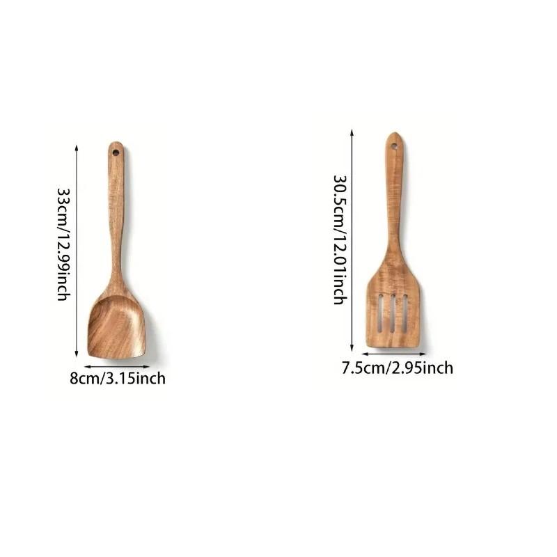 Premium Teak Cooking Utensils Set, Non-Stick Pot, Heat Resistant, Ergonomic Handle, Comfortable Grip, Suitable for Stirring