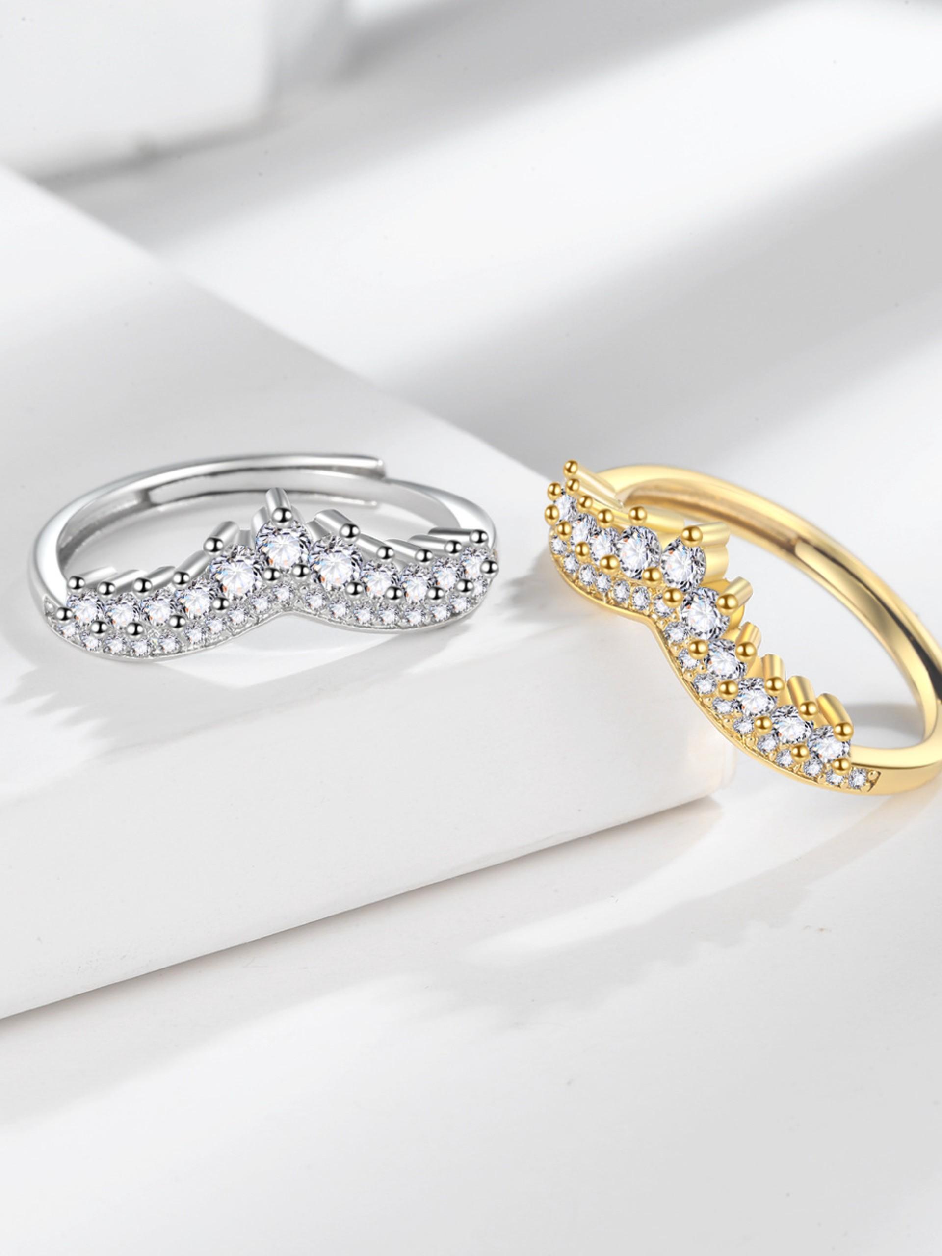 Artificial Zircon Ring, Luxurious V-Shape Wishbone Princess Crown Couple Engagement Ring, Perfect Wedding Gift for Her