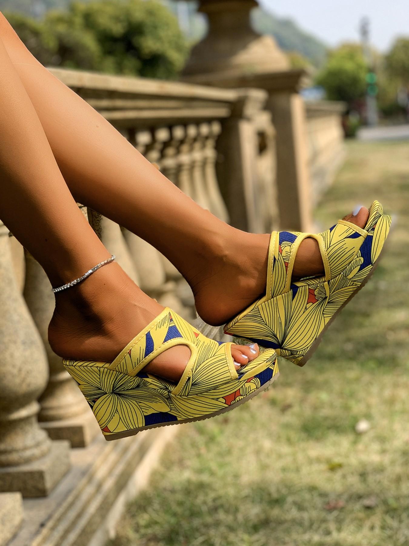 Summer 2026 New Fish Mouth Thick Sole Wedge Sandals, Hollow Out Print Slip-On Big Size Cool Slippers, Sexy Heeled High-Heel Shoes