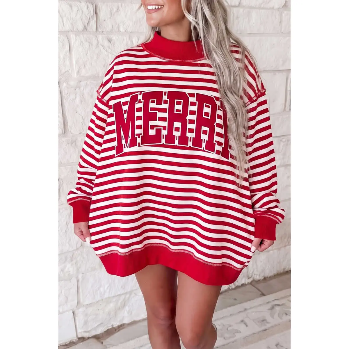 BF Women's Red Striped Graphic Sweatshirt - Oversized High Neck Long Sleeve Ribbed Mock-Neck Tunic for Cozy Winter Casual Wear