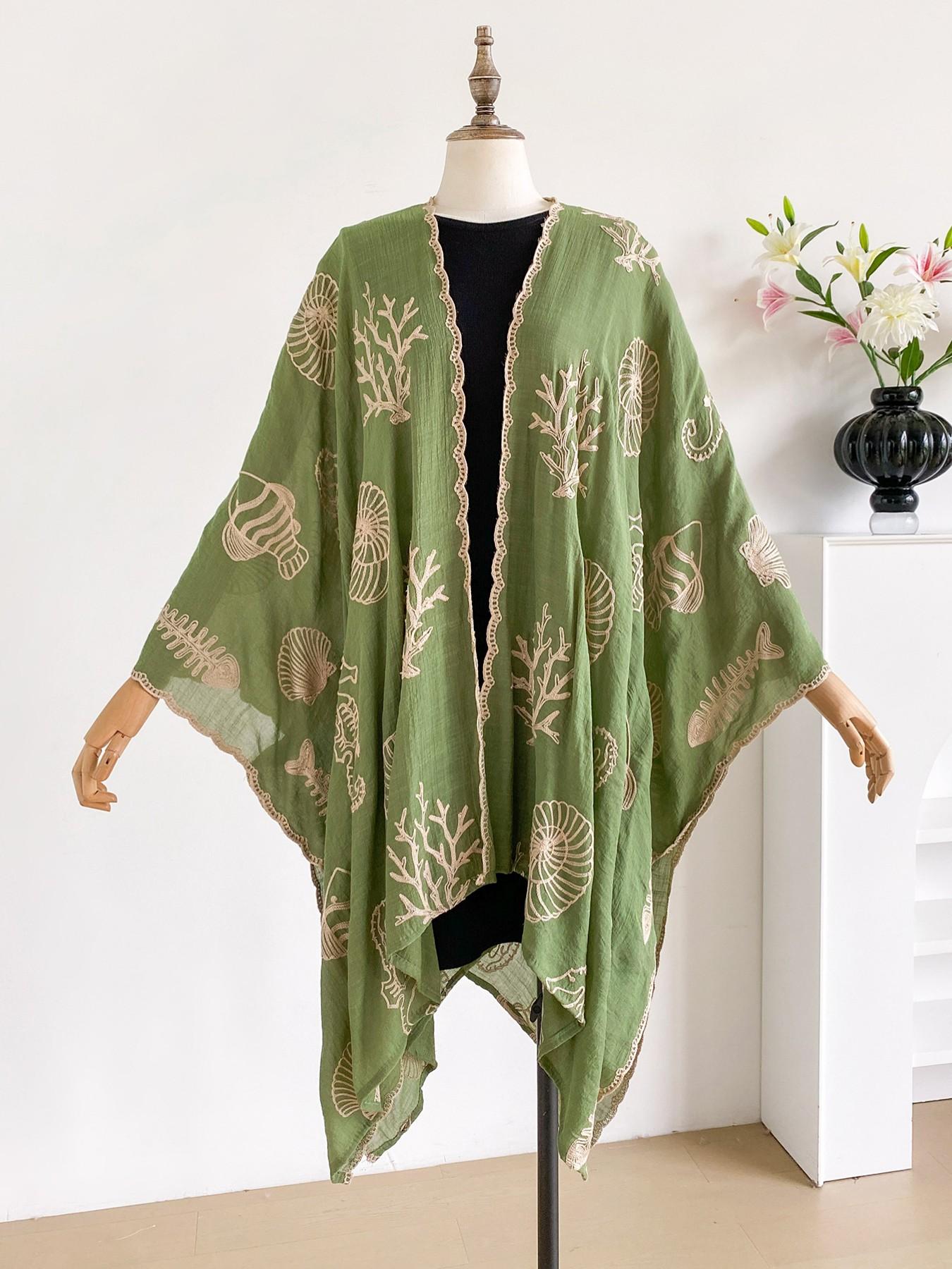Boho Ocean Embroidered Split Scarf, Loose Fit Elegant All-Season Style, Perfect for Beach Vacations, Commuting and Dates