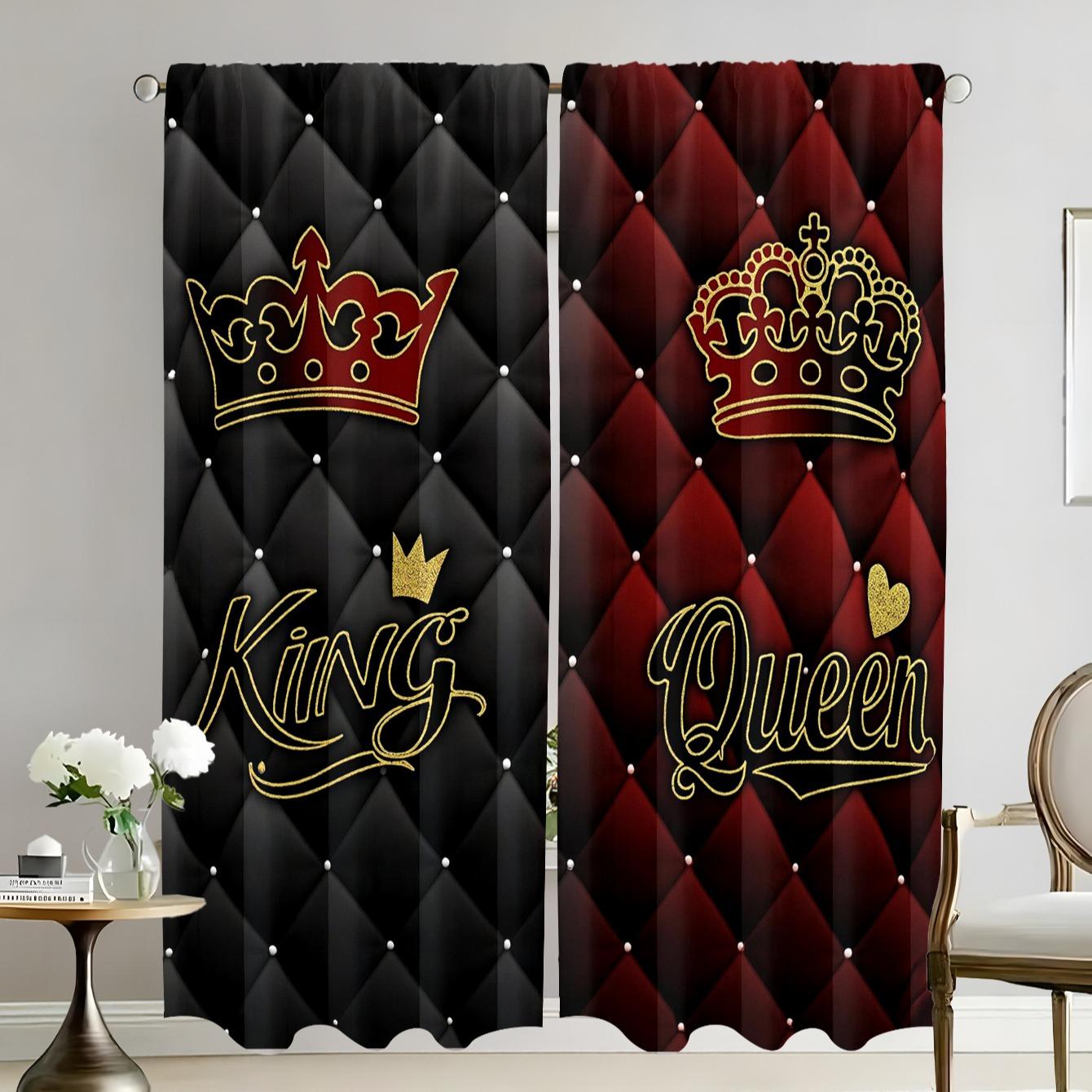 King & Queen Crown Pattern Curtains Set, Polyester Fiber Material, Light Luxury Palace Style, Rod Pocket Design, Suitable for Bedroom Living Room Decor, Window Curtain, Home Decoration Curtain