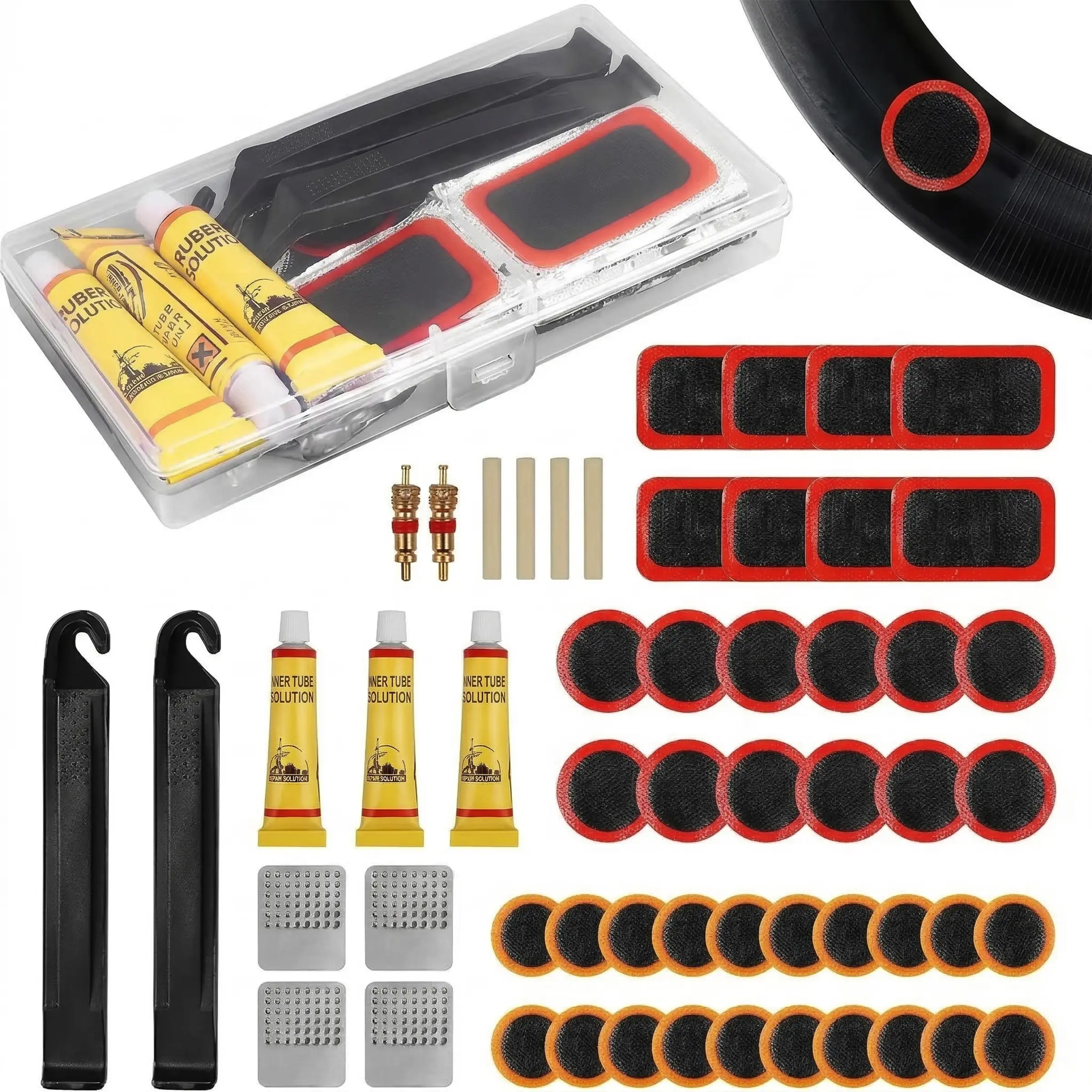 55-Piece Bike Tube Patch Repair Kit with Levers and Glue, Essential Tire Repair Set for Mountain and Road Bikes, Bicycle Maintenance Accessories, Bicycle Parts, Cycling Gear