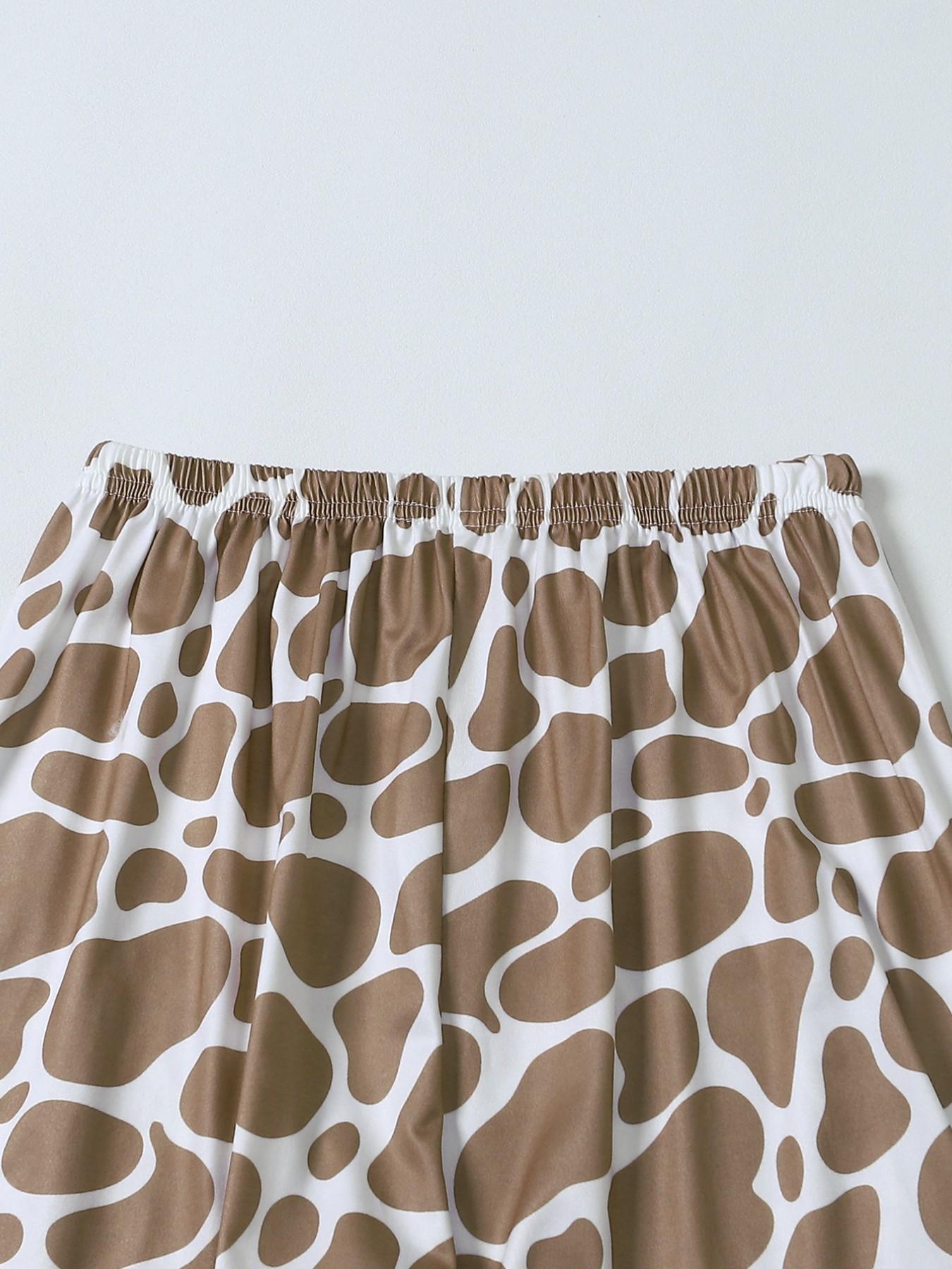 Women's 3-Piece Pajama Set, Round Neck Short Sleeve, Elastic Waist, Giraffe Print, Breathable Milk Silk Fabric, Casual Summer Sleepwear