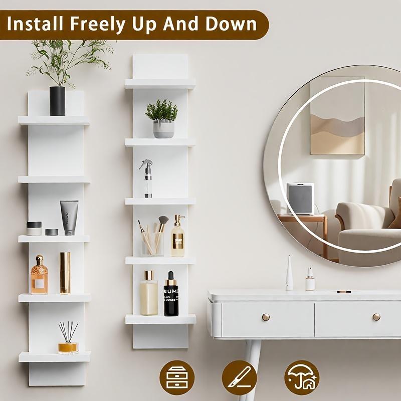 5-layer white PVC plastic suspended wall hanging storage system, smooth laminate vertical frame, suitable for bedroom/living room/entrance, upgraded tower design, can display jewelry green plants, simple art storage display shelf, Wall Shelf Unit