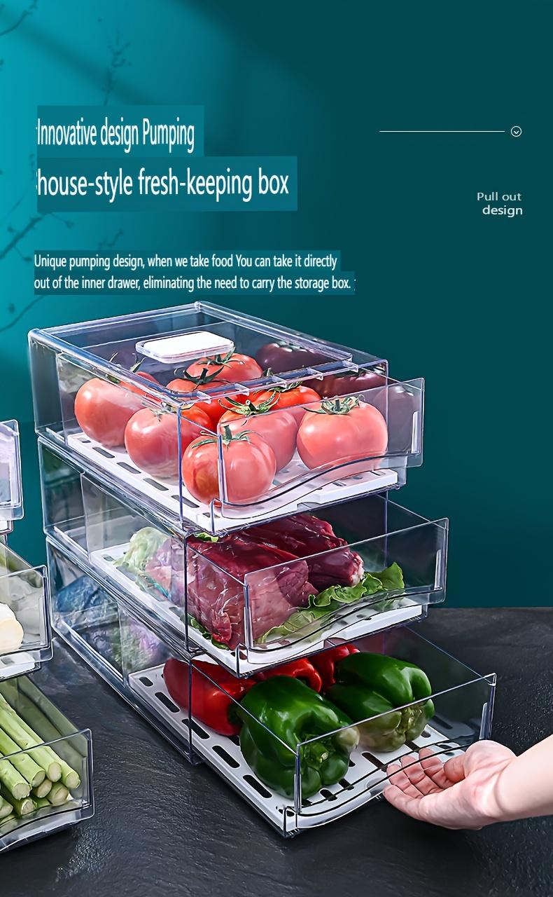Transparent Rectangular Plastic Storage Box, Stackable Drainage Food Container, Kitchen Refrigerator Organizer, Drawer Style, Fridge Organizer