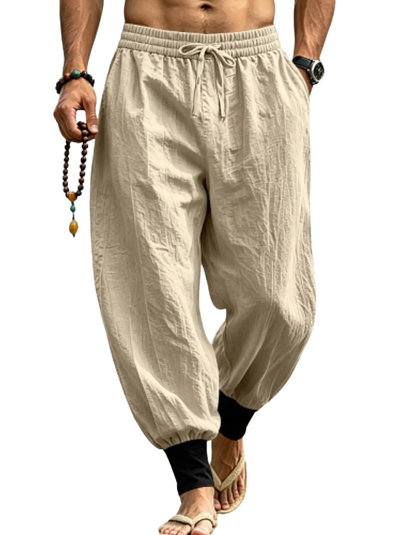 Men's Casual Linen Jogger Pants, Breathable Sweat-Wicking Sand Wash Texture, Loose Fit Slimming Lantern Long Pants, Summer Outdoor Wear, Casual Fit Bottoms