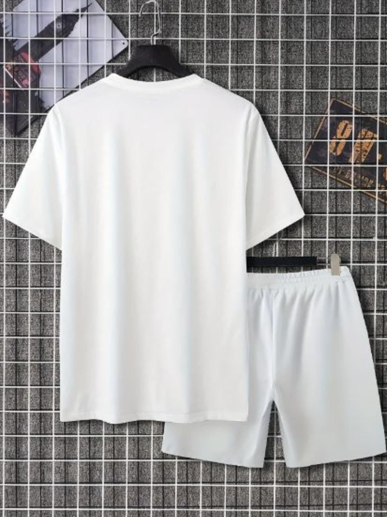 Summer Breathable Two-Piece Set, Cartoon Pattern Round Neck T-Shirt and Drawstring Shorts, Ideal for Outdoor Activities and Backpack Travel