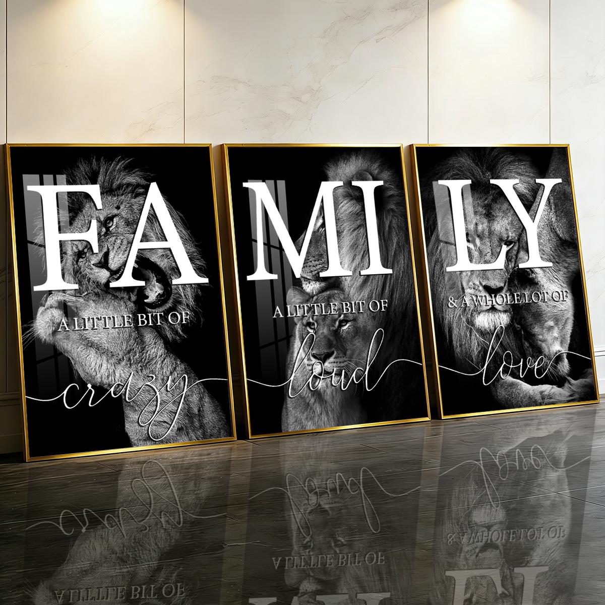 3 Counts Aluminum Alloy Framed Painting, Family Lion Wall Art Black And White Animal Poster, Home Decoration For Living Room, Bedroom, Office, Restaurant, Hallway Wall Decor, Odorless Print Artwork, Luxury Perfect Gift For Friends And Family