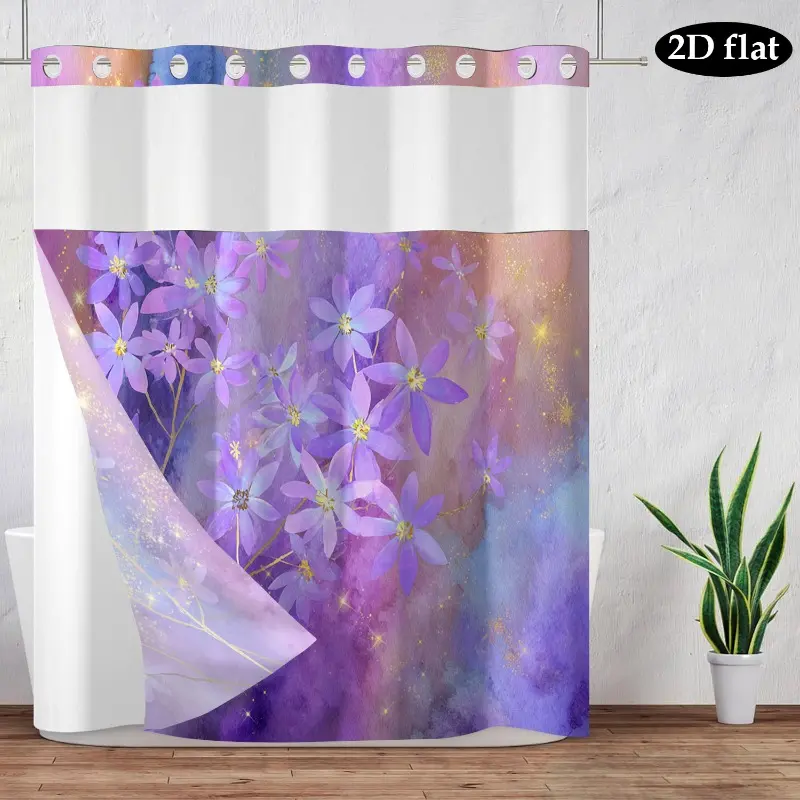 Double shower curtain purple flower pattern hook-free double shower curtain buckle lining shower curtain perspective window cloth shower curtain machine washable modern home curtain decoration one piece