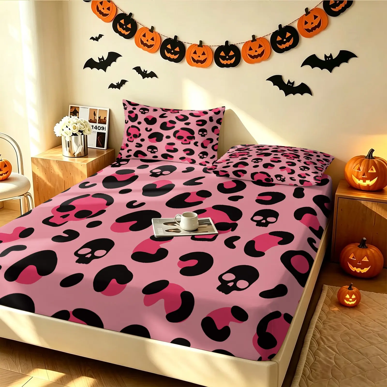 3PCS Halloween Spooky Pink Leopard Skeleton Fitted Sheet Set (1 Fitted Sheet + 2 Pillowcases), Soft Wrinkle Resistant Breathable Skin‑Friendly Fabric, Deep Pocket Anti‑Slip Full Wrap Design, Halloween Party Bedroom Decoration Gifts