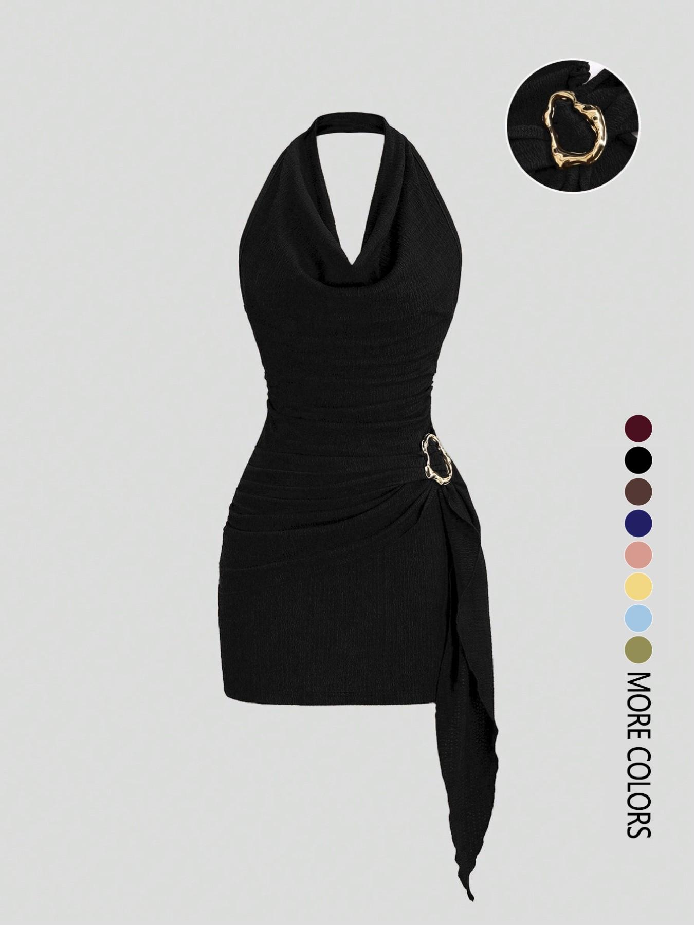 Women's Fashion Solid Color Ruched Halter Dress, Casual Office Wear, Elegant Backless Design, Perfect for Daily Wear, Stylish and Comfortable Dress