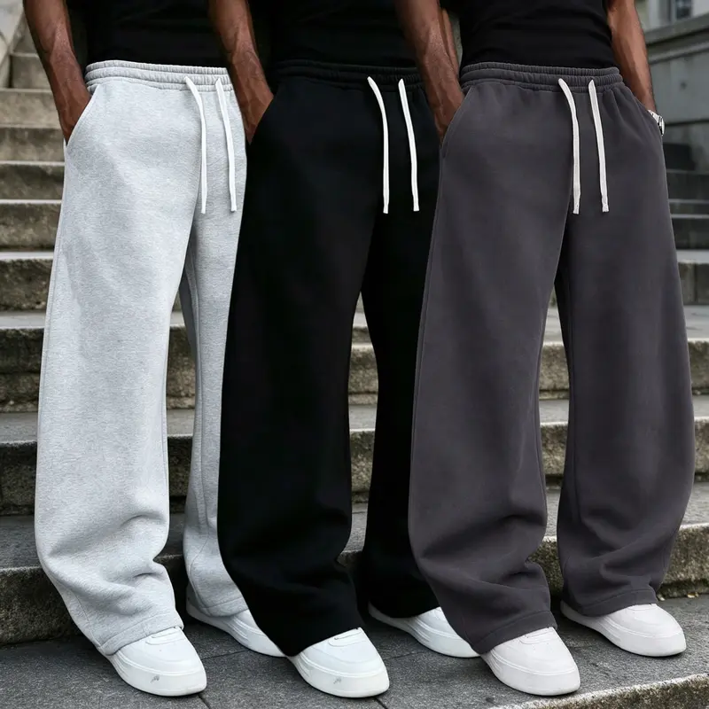 Men's Baggy Heavyweight Cotton Sweatpants - Print Menswear Clothes, Straight-Leg Floor-Length, Skin-Friendly Soft Cotton-Blend Fabric with Fleece Lining, Ideal for Daily Sports & Home Wear
