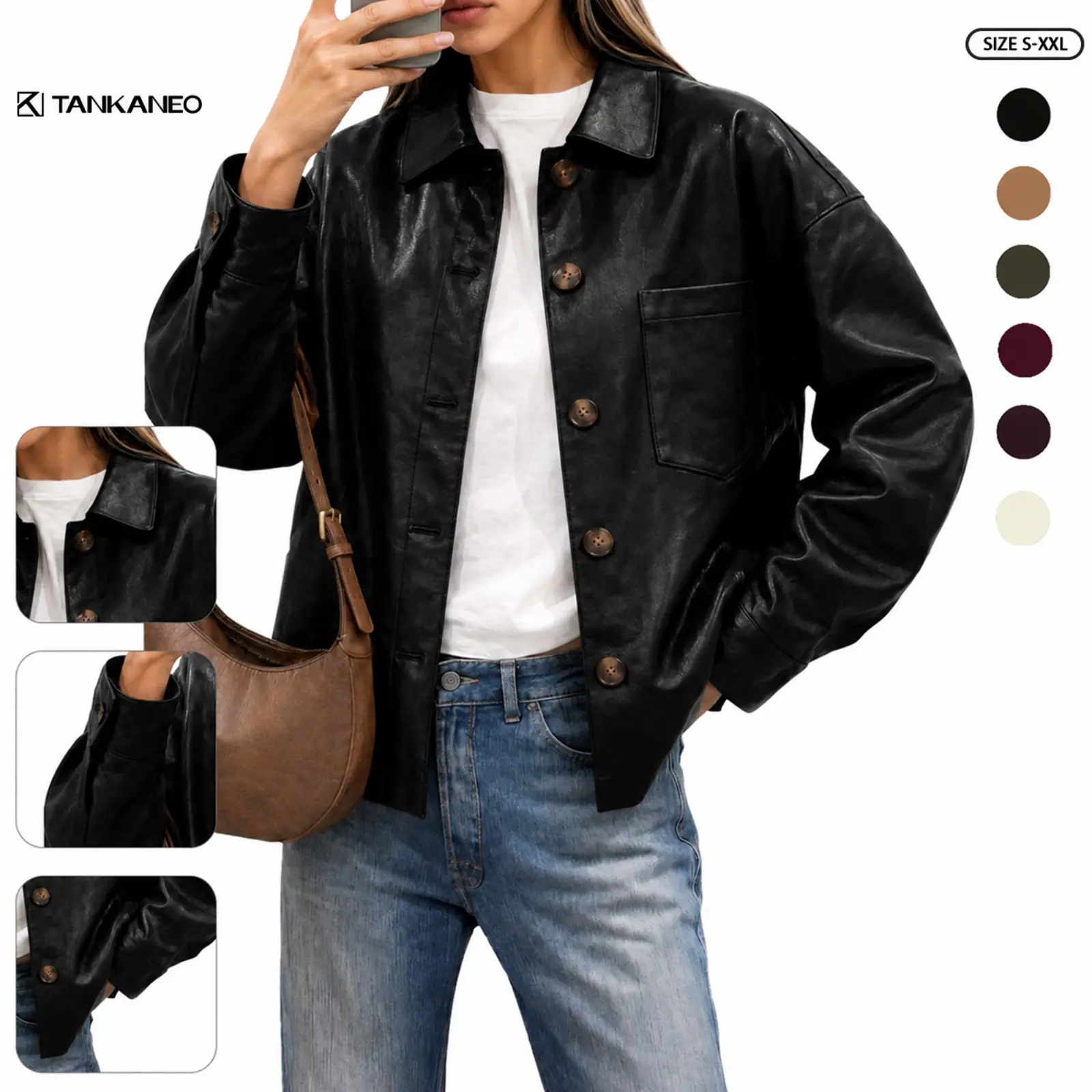 Tankaneo Womens Oversized Button Down Motorcycle Faux Leather Jackets