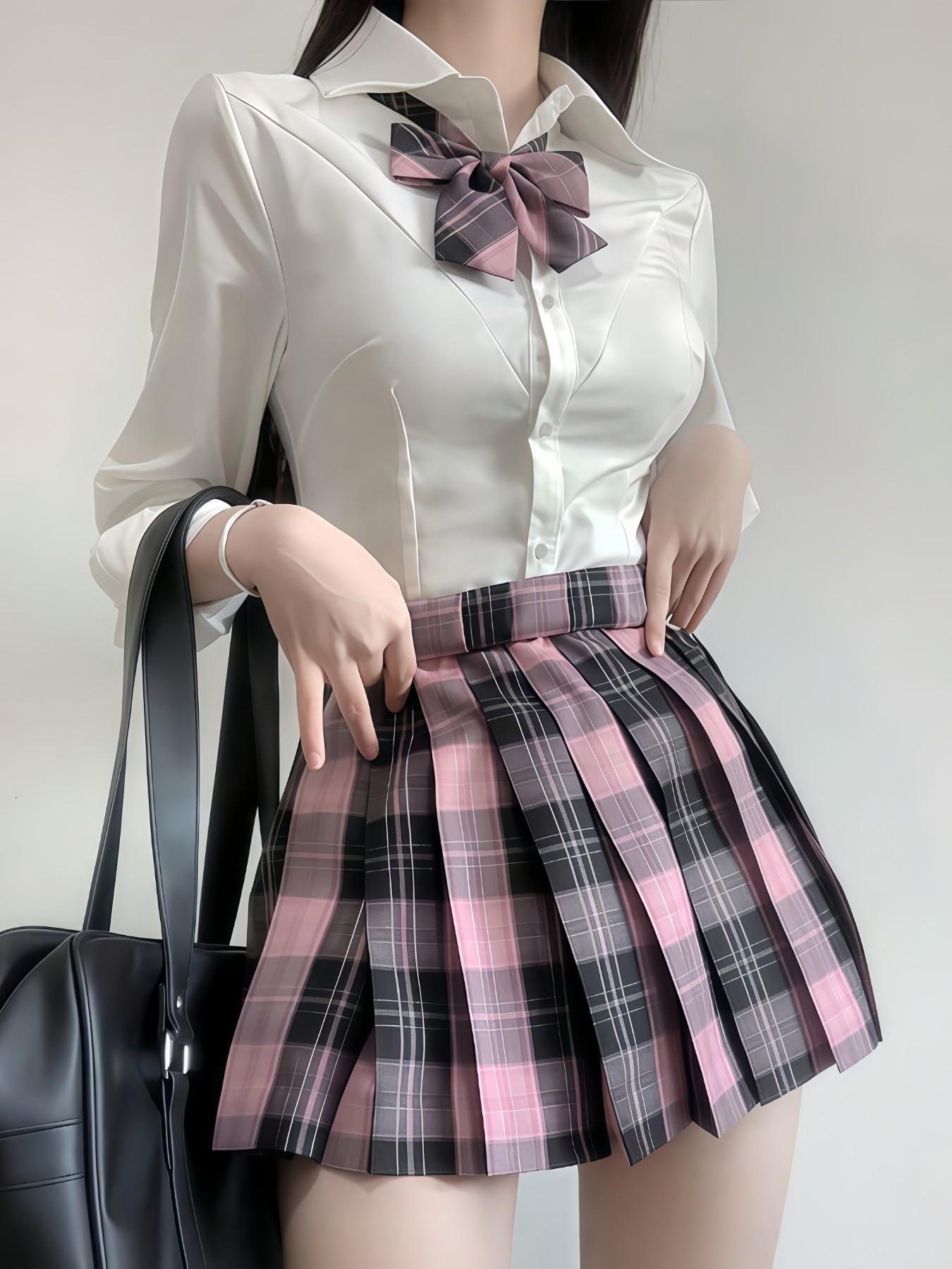 Campus Jk Uniform Set, Long Sleeve Shirt, Plaid Skirt, Bow Accessory, Preppy Style, All Seasons, Student Role Play