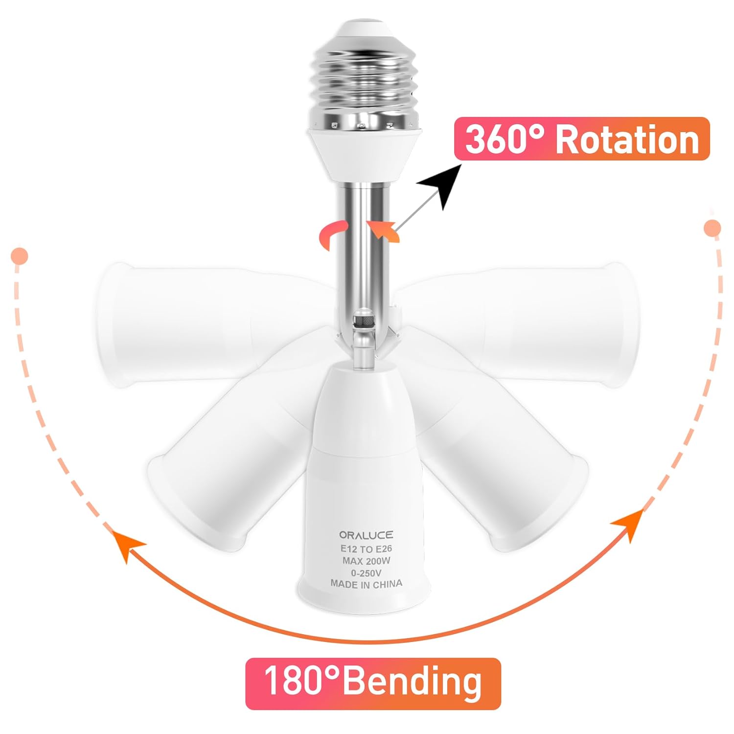 2 Pack E26 Light Socket Extender - Standard Medium Base Adapter, Adjustable 180° & 360°, Bulb Adapter Converter Max 200W, 0-250V