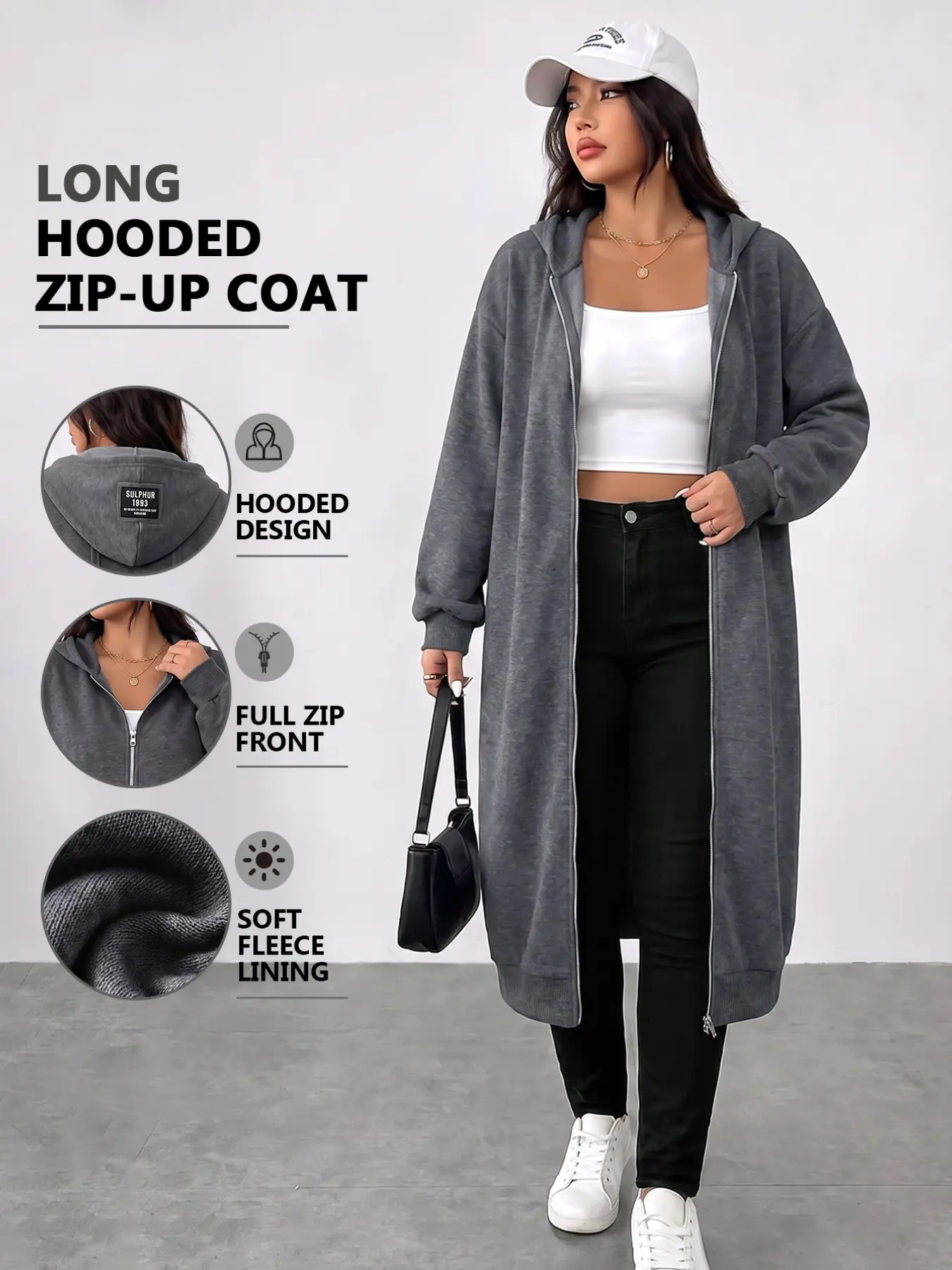Plus Size Women's Casual Streetwear Loose Zipper Hooded Long Sleeve Jacket, Autumn Winter Women's Clothing for Everyday Wear, Hooded Long Zipper Coat, Loose Fit + Zipper Design, Easy to Wear and Take Off.