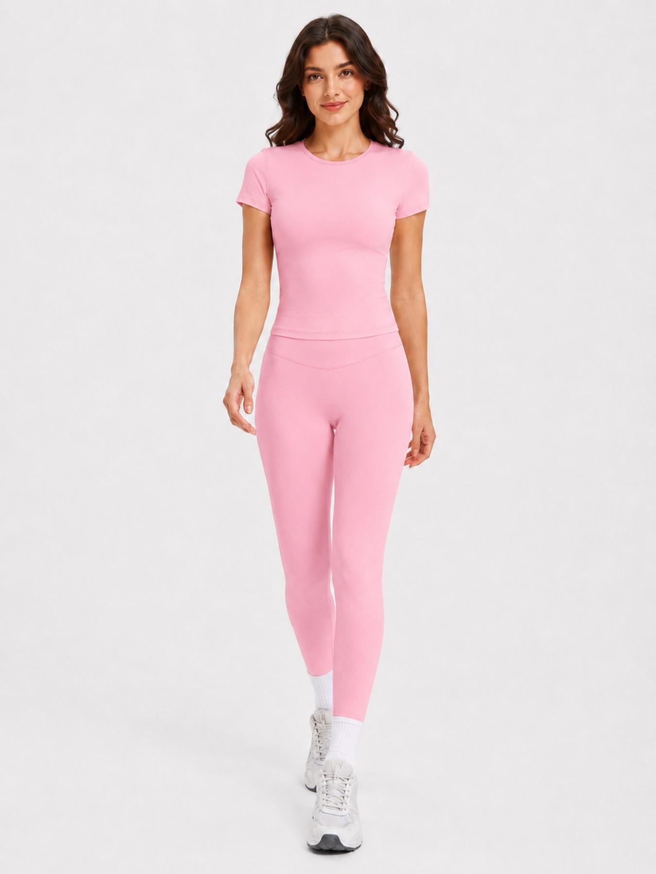 Women's 2-Piece Athletic Workout Set, Short-Sleeve Round-Neck Slim-Fit Crop Tee & High-Rise V-Front Yoga Leggings, Casual Running Gym Activewear Yoga Sportswear Set for Daily Wear