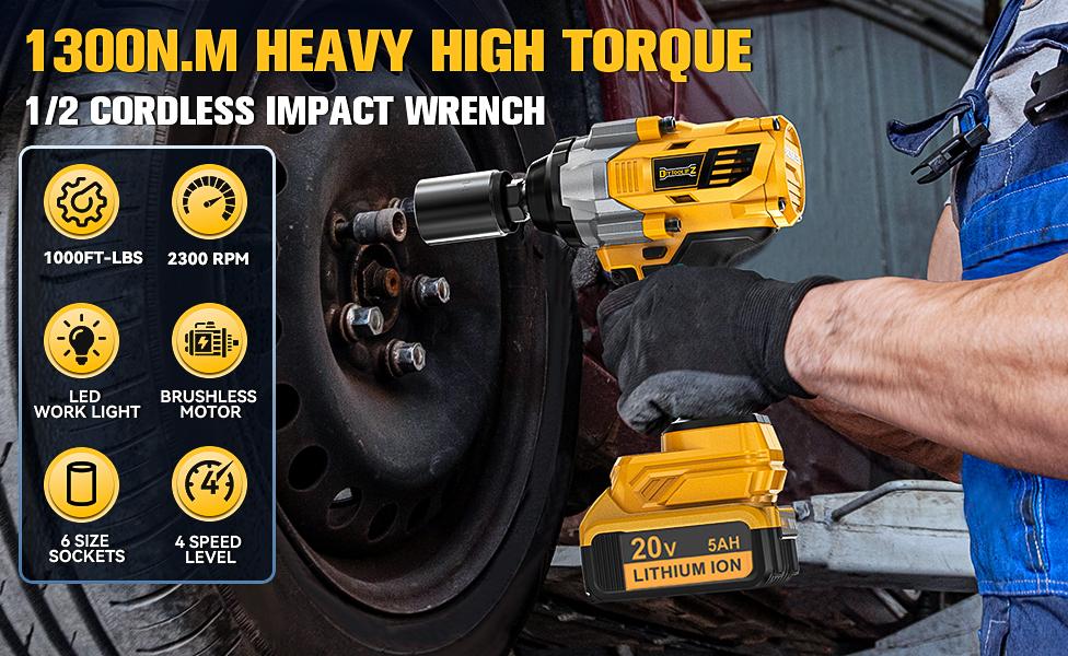 1000FT-LBS (1300N.m) Cordless Impact Wrench 1/2" with 1or2*Battery, Brushless Impact Gun with 6 Sockets, 2100RPM for Car & Truck