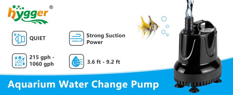 hygger 215 GPH Quick Water Change Aquarium Pump Submersible Fountain Water Pump Fish Tank Pond Drain Transfer Pump with 2 Adaptors Black