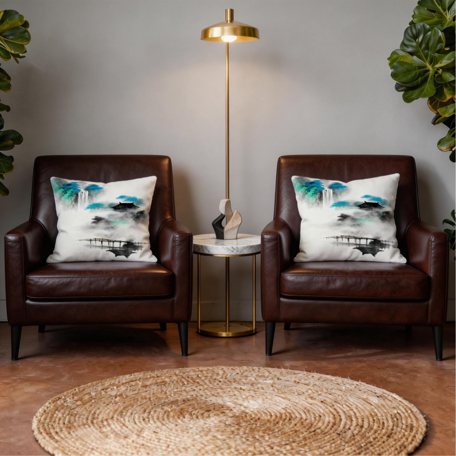 1 Pack 18×18 Inch Asian Ink Wash Landscape Throw Pillow, Mountain Scenery Print Decorative Accent Cushion, HD Digital Print Zippered Pillowcase, Non-Fade Home Decor Cushion for Sofa, Bed, Living Room, Bedroom