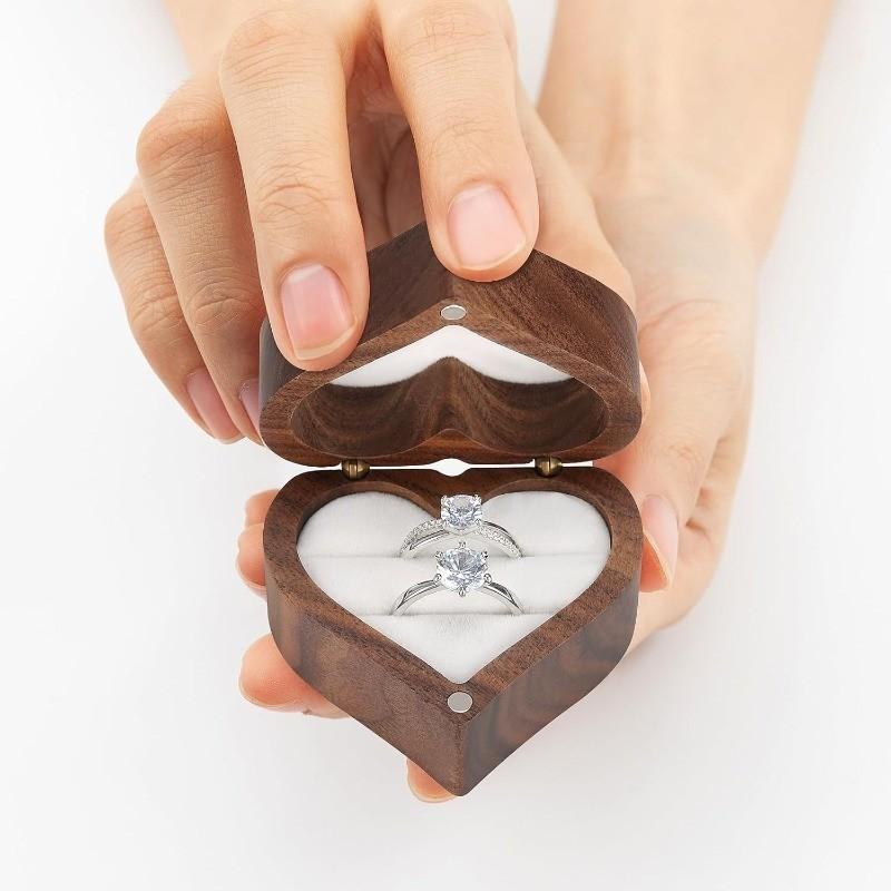 Wooden Heart Shape Ring Gift Box, Personalized Vintage Wood Jewelry Box, 2 Slot, for Proposal, Engagement, Wedding, Anniversary