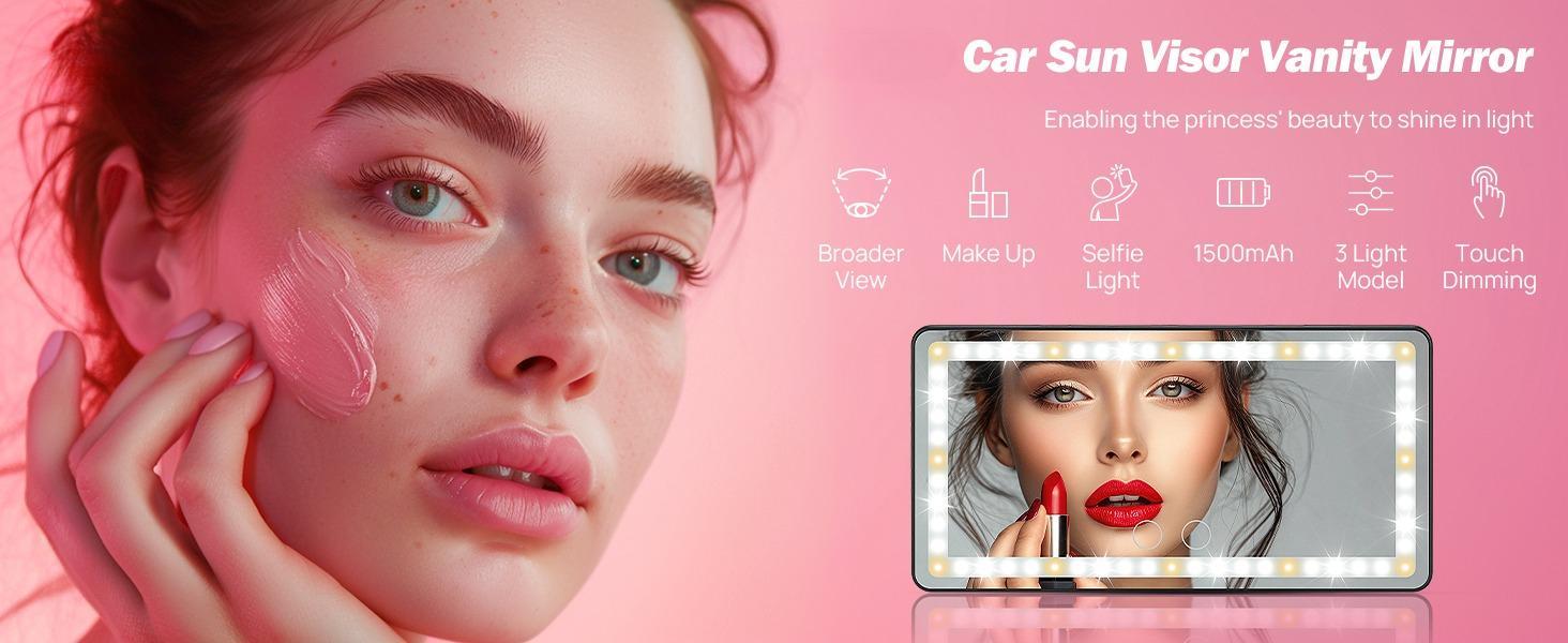LED Car Vanity Mirror with Lights, 3 Color Modes Dimmable Travel Makeup Mirror, Built-in Battery Rechargeable Clip-on Sun Visor Mirror for Car Interior