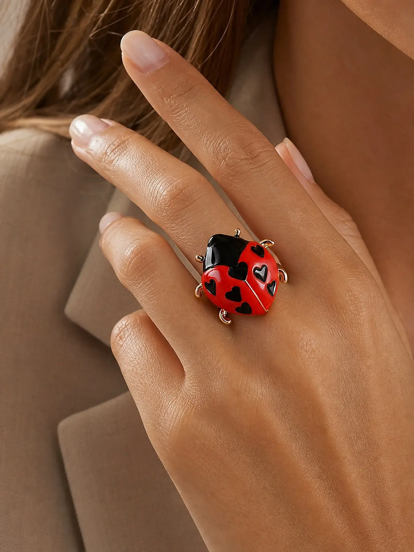 Seven Heart Ladybug Two-Color Open Ring, Unique Jewelry Design, Adjustable Fit, Perfect Gift for Her, Stylish Accessory