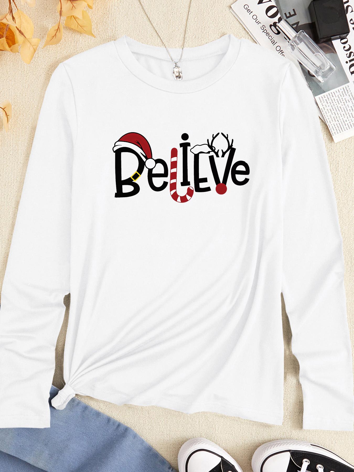Women's Letter & Reindeer Print Round Neck T-shirts, Casual Long Sleeve Crew Neck T-shirts for Fall & Spring, Women's Clothes for Daily Wear