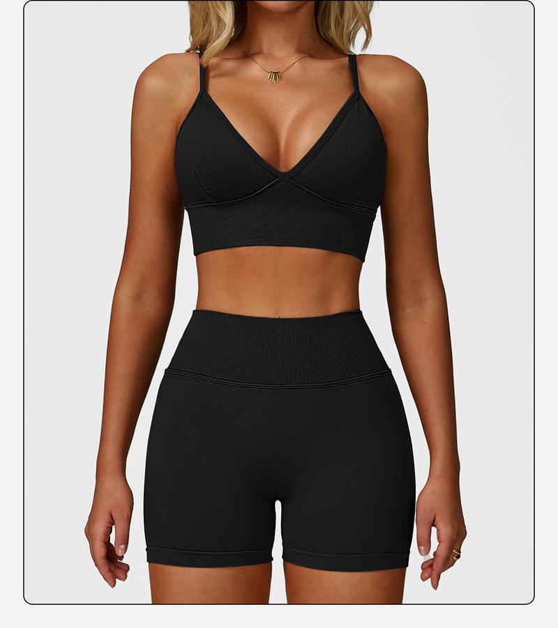 Women's 2 Piece Seamless Yoga Workout Set High Waisted Shorts Sports Bra for Exercise Athletic Breathable Lightweight Compression Activewear Pilates Gym Outfit with Hollow Square Back and Curved Rear Hip