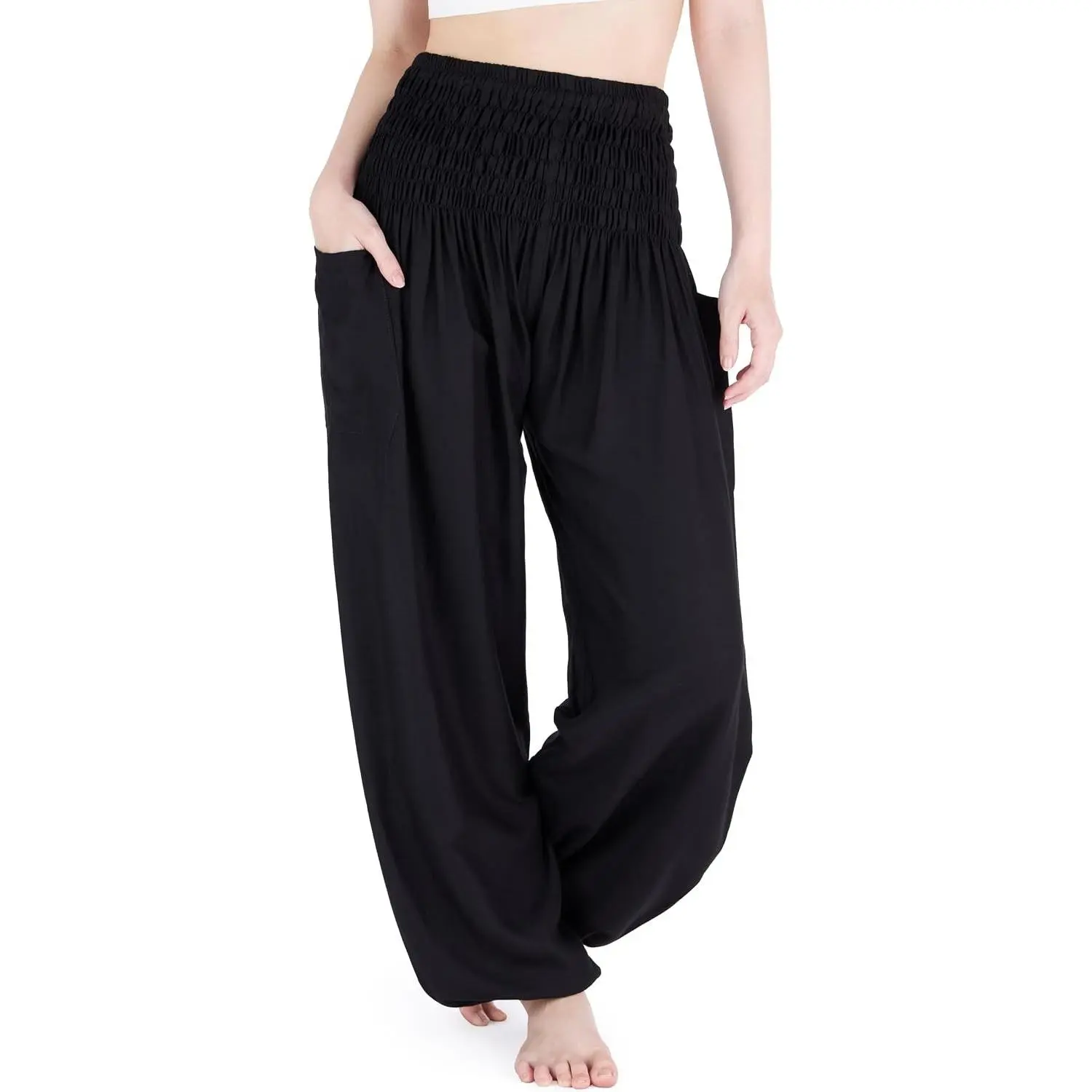 Women's Smocked Waist Boho Flowy Yoga Harem Pants Hippie Clothes