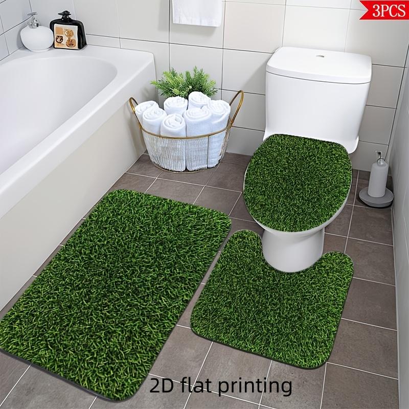 2D Flat, 2D Flat, 2D Flat Printing, 3pcs Lawn Grass Pattern Bathroom Mat And Carpet Set, Toilet Lid Mat, Toilet U-Shaped Pad, Fleece Material, Soft Surface