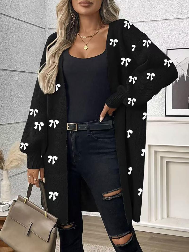 Autumn Winter New High-End Bow Pattern Knit Long Cardigan Sweater, Casual Versatile Outerwear, Elegant Lazy Style, Comfortable Color Block Design, Knitwear