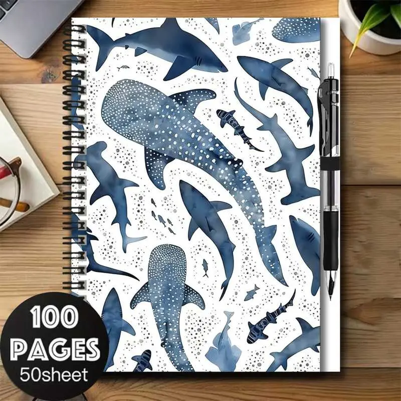 A set of watercolor-style shark pattern 2D cover spiral notebook and pen set, a great aid for work and study, suitable as a graduation gift or birthday present. 100-page large capacity, meets the needs for journaling, daily planning, and note-taking. Exqu